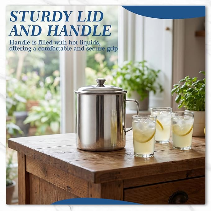 2 Pack Stainless Steel Pitcher with Lid, 2.5 Liters/ 84 oz Large Capacity Water Jug with Handle, Portable Measuring Cup Metal Mug for Milk Frothing, Tea, Coffee, Dishwasher Safe