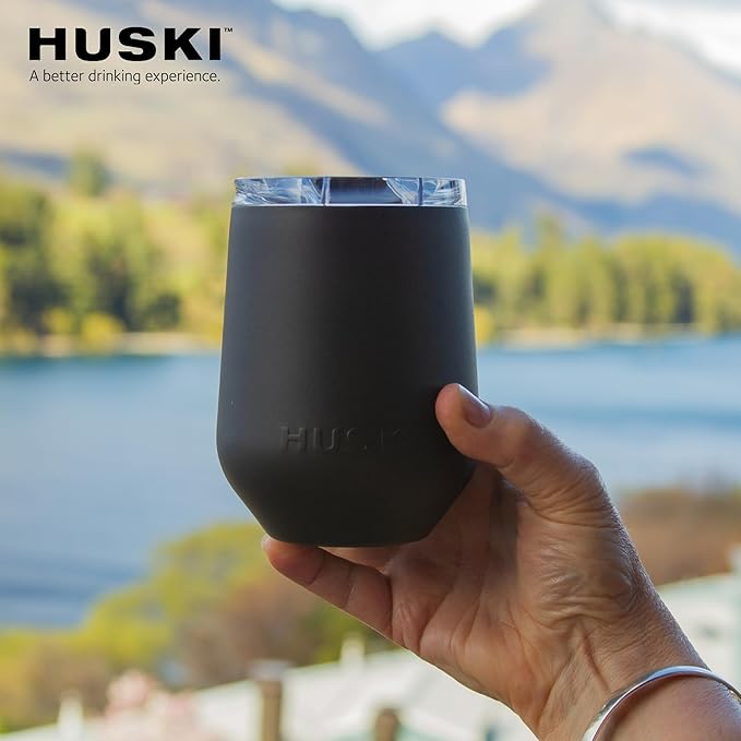 Huski Wine Tumbler 2.0 | NEW | Award-winning Design with Detachable Stem | Premium Stainless Steel Wine Glass with Lid | Triple Insulated Tumbler | 12oz Capacity | Great Gift (Black)