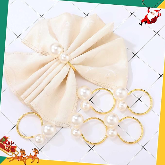 Sliner 36 Pcs Pearl Napkin Rings, Gold Table Napkin Holder Buckles for Dinning Table Setting Christmas Wedding Party Supplies