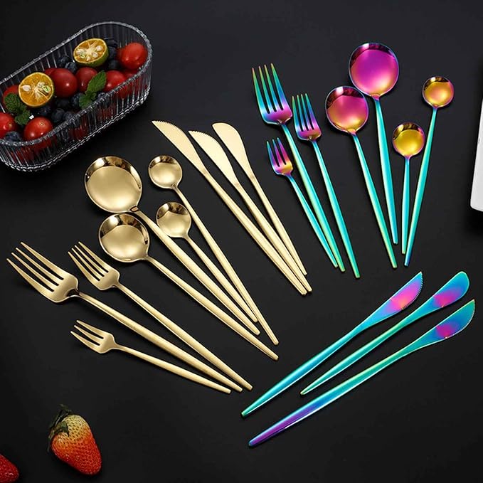 24 PCS Fine Flatware Set, Flatware Serving Set for 6, Utensil Set for Home and Restaurant Include Knives/Forks/Spoons, Dishwasher Safe, for Outdoor Camping Picnic(Size:C,Color:Black)