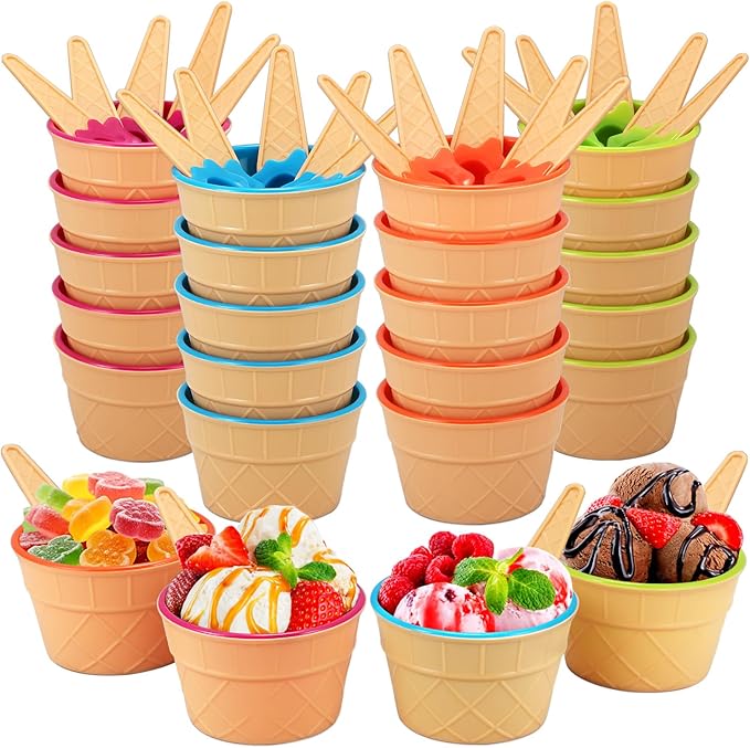 Tellshun Dessert Bowls, 24 Pack Ice Cream Bowl Spoon Set, Frozen Yogurt Cups with Spoons Durable Plastic Candy Color Cute Dessert Bowl DIY Ice Cream Tools For Festive Party Favor Gift (24)
