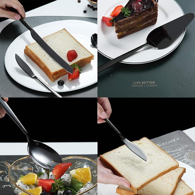 Berglander Black Serving Utensils 10 Pieces, Titanium Plating Serving Spoons, Included Cake Knife Cake Server Serving Forks Sugar Spoon Salad Spoon Forks Butter Knife Gravy Ladle ect.
