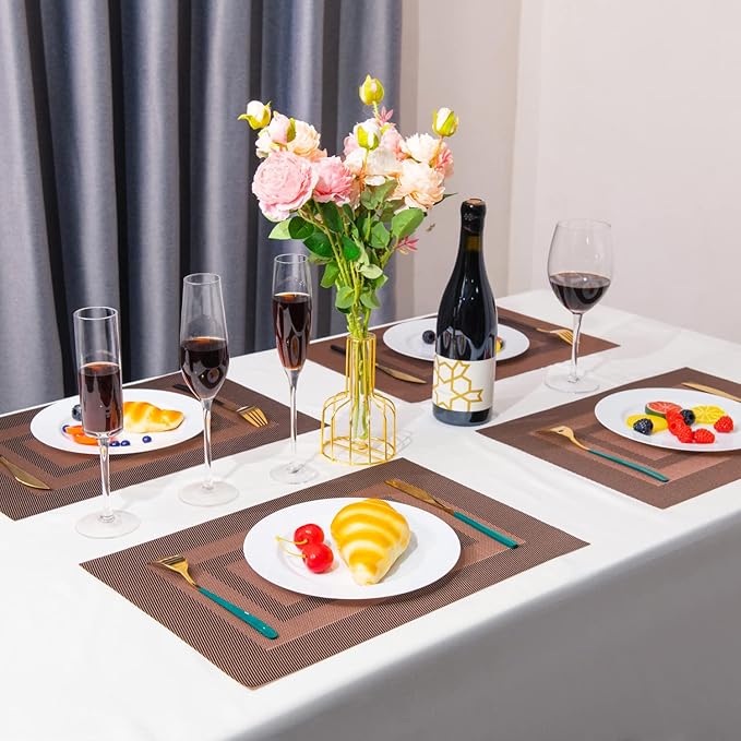 Placemats,PlasticVinyl Washable Heat-Resistant Durable PVC Non-Slip Woven for Kitchen Dining Table Mats (Set of 6, Brown)