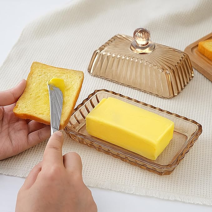 Champagne Color Glass Butter Dish with Lid, Covered Butter Stick Holder Tray, Crystal Glass Butter Storage Container for Kitchen Countertop