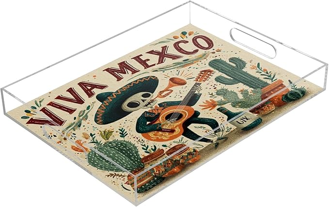 Serving Tray with Handles Clear Acrylic Tray 12x16 Inch Decorative Rectangular Tray Organizer for Ottoman Coffee Table Bathroom Mexico Skull Guitar Cactus Beige