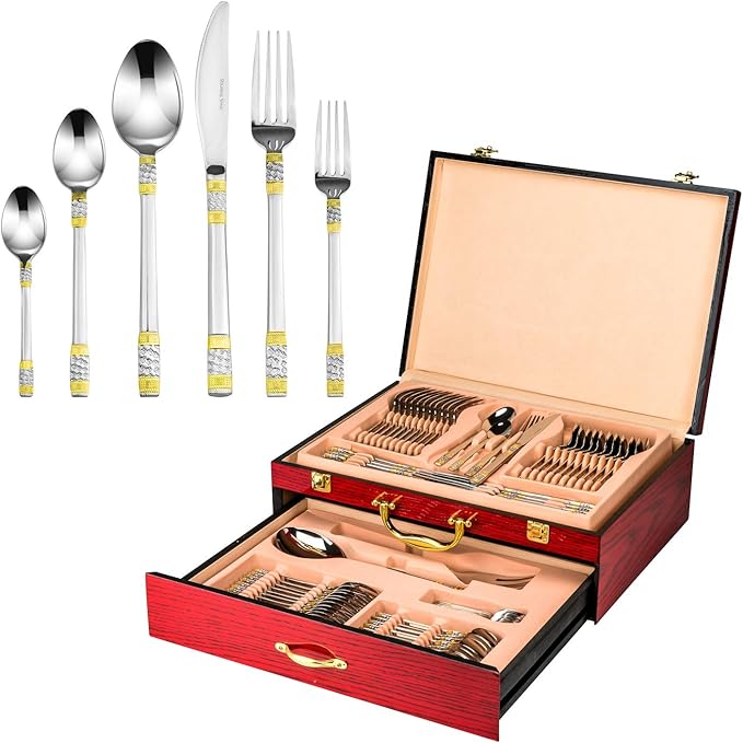 75-Piece Cutlery Set 'Principe' 24K Gold-Plated Service for 12, 18/10 Surgical Stainless Steel Flatware Silverware Cutlery with Hostess Set Cherry Color Wood Storage Case