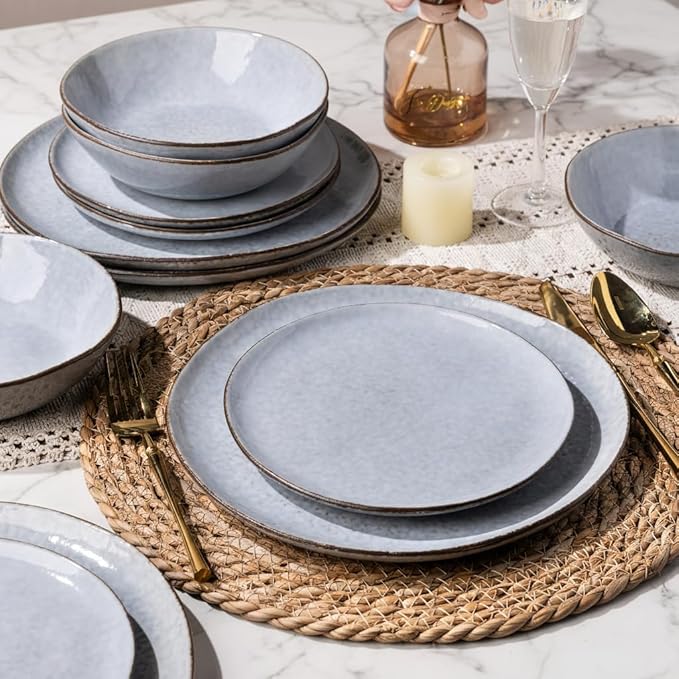 AmorArc Ceramic Dinnerware Sets,Handmade Reactive Glaze Stonewre Plates and Bowls Sets,Highly Chip and Crack Resistant | Dishwasher & Microwave Safe Dishes Set,Service for 4 (12pc)