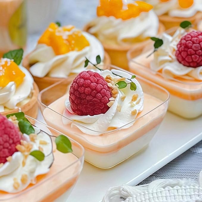 Zezzxu 100 Pack 2 oz Mini Dessert Cups with Spoons, Clear Plastic Reusable Small Square Party Serving Tiny Bowls for Individual Appetizers, Trifle, Cheesecake, Hors D'oeuvres
