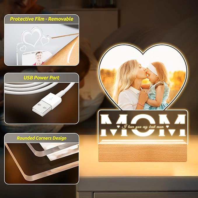 Personalized Christmas Gifts for Mom from Daughter and Son, Custom Picture Frames with Photo, Custom Photo Frame with Night Light, Customized Picture Frame, Personalized Birthday Gifts for Mom