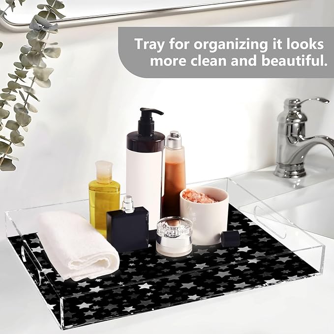 Serving Tray with Handles Clear Acrylic Tray 12x16 Inch Decorative Rectangular Tray Organizer for Ottoman Coffee Table Bathroom Cute Silver and Gray Stars