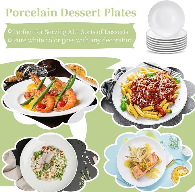 Ceramic Dessert Plates Set of 16, 6 Inch White Appetizer Plates, Round Small Plate for Cake Snacks, Porcelain Serving Plate for Appetizers, Microwave Oven and Dishwasher Safe (16 Pcs)