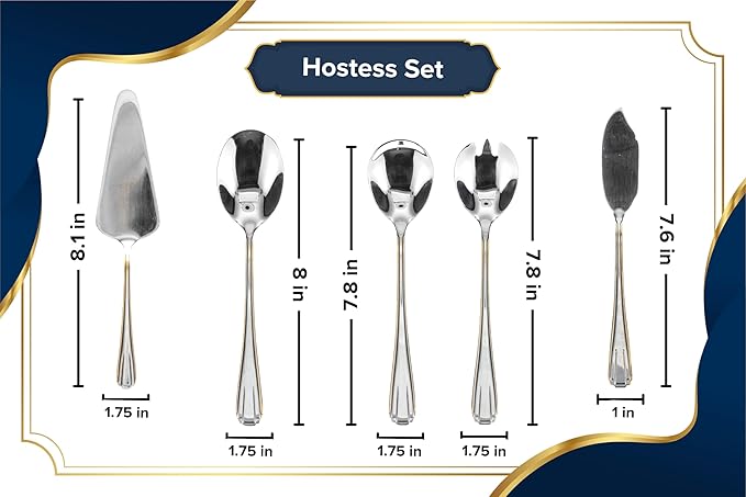 60 Piece Flatware with Hostess Set - Service for 12-8/10 Stainless Steel Silverware - Gorgeous Gold Trim Handles - Serving Utensils - Home Essentials - Dishwasher Safe (65 Piece, Verona)