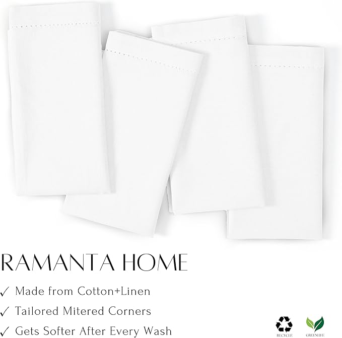 Ramanta Home White Cloth Dinner Napkin Set of 12-20x20 Inch, Premium Cotton Linen Flax Hemstitched Napkins, Soft Durable Washable for Everyday Use Thanksgiving Christmas Parties Halloween