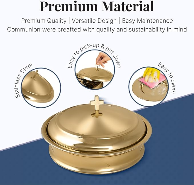 Communion Ware Holy Serving Tray Including Center Bread Plate with A Cover - Stainless Steel (Brass Mirror)