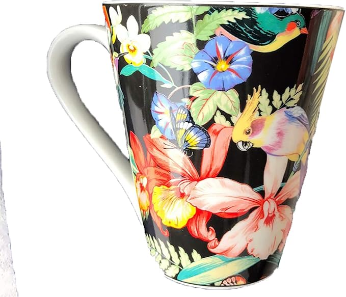SHINING Porcelain Bone China Dinnerware Ceramic Floral Design Tableware Service Plate Mug Bowl Set (Black Breakfast Mug)