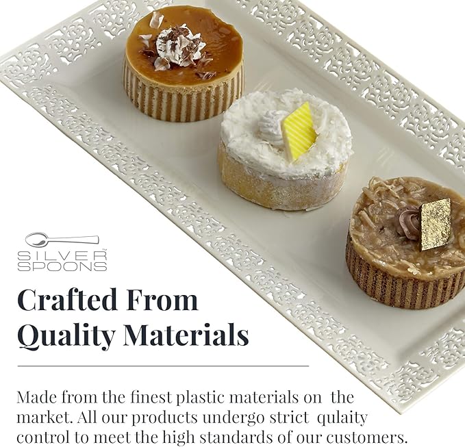 SILVER SPOONS Elegant Lace Plastic Serving Trays (6 PC), Disposable Plastic Trays and Platters for Party - 14” x 7.5”, Serves Snacks, Desserts, Sweets, Perfect for celebrations & events - Ivory