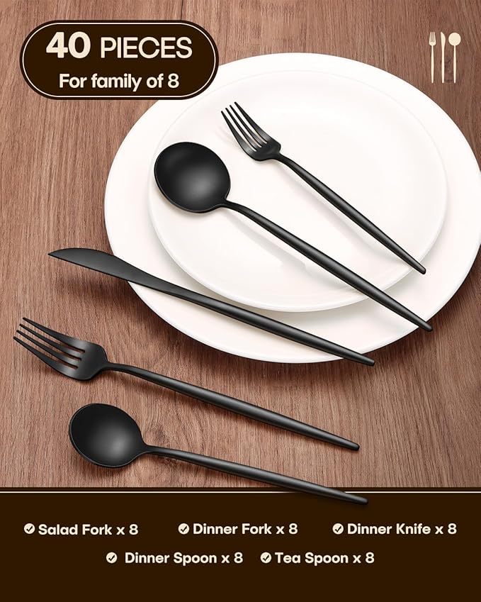 Stapava Matte Black Silverware Set for 8, 40-Piece Stainless Steel Flatware Sets, Satin Finish Cutlery Include Forks Spoons and Knives Set for Home Restaurant Hotel, Dishwasher Safe Utensils