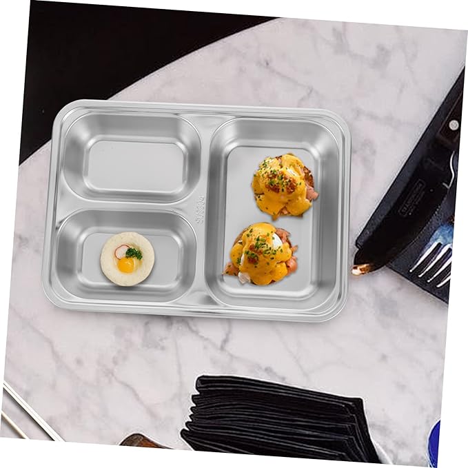 Unomor 2pcs Strong Stainless Steel Dinner Plate Compartment Plate Health-conscious Serving Tray Dish