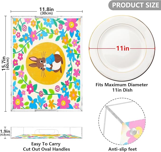 Serving Tray with Handles Clear Acrylic Tray 12x16 Inch Decorative Rectangular Tray Organizer for Ottoman Coffee Table Bathroom Bright Colorful Easter Eggs