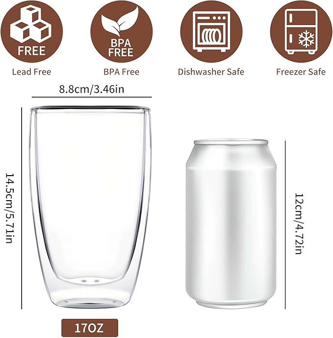 MESNEY 17 Oz(500ml) Double Walled Glass Coffee Mugs, Glass Coffee Mugs Set of 2, Insulated Clear Cappuccino Latte Mugs for Home, Cafe & Restaurant, Durable Stackable Drinking Glasses