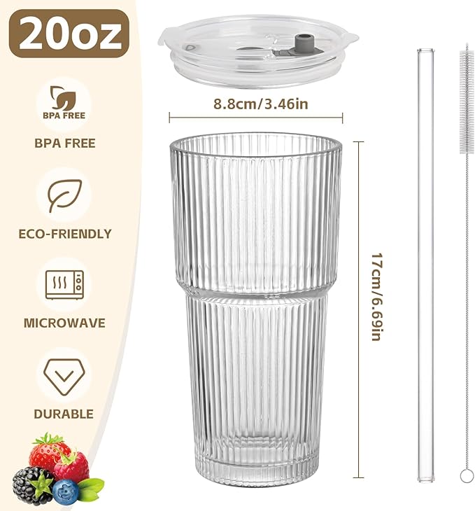 AFINSEA 20OZ Glass Tumbler with Straw and Lid,Glass Cups with Lids and Straws,4PCS Ribbed Iced Coffee Cups Vintage Glassware for Juice Whiskey Cocktail Beer