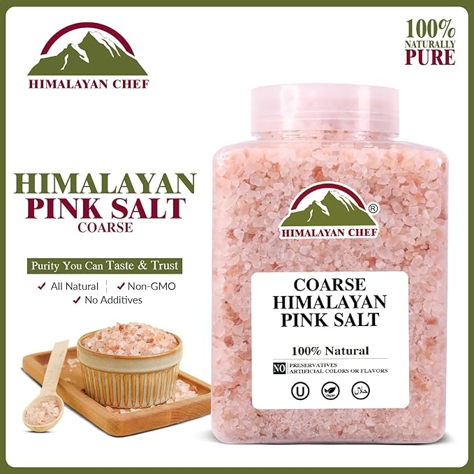 Himalayan Chef Pink Himalayan Salt Coarse Grain, 5 lbs Plastic Jar - Pure, Natural, Kosher, Mineral-Rich, Ideal for Grinder Refills, Cooking, Seasoning