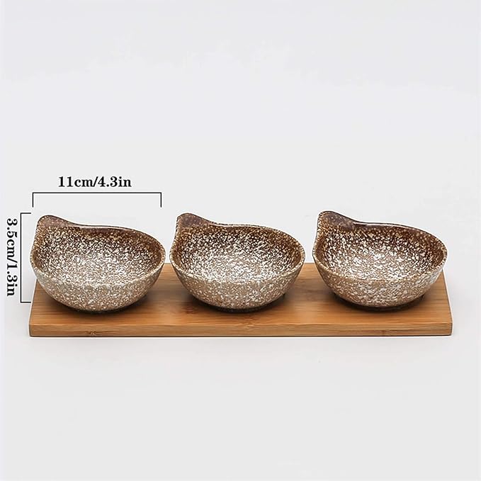 Appetizer Plate Ceramic Soy Sauce Dishes Set of 3 with Tray Japanese Style Soy Vinegar Dipping Plate Seasoning Saucer Condiment Dish Ketchup Dipping Bowls Snack Plate Sau