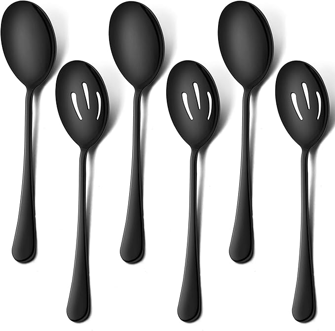 LIANYU 6-Piece Large Black Serving Spoons, Black Slotted Spoons, Stainless Steel Serving Utensils for Party Buffet Restaurant Banquet Dinner Catering, 9.8Inch, Dishwasher Safe
