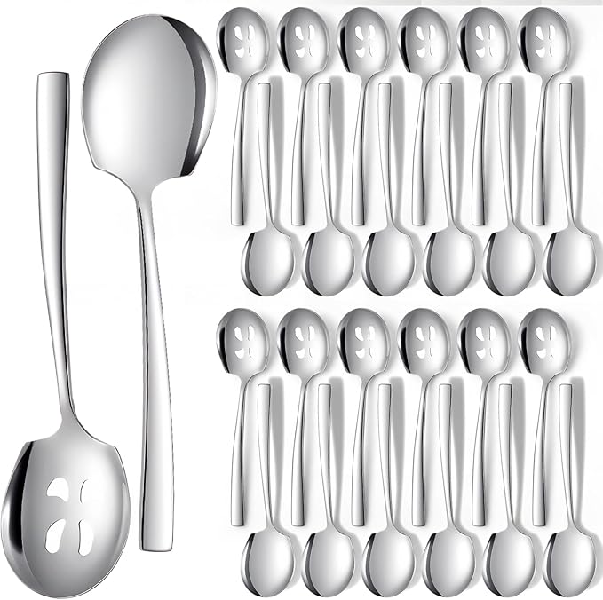 Hushee 24 Pcs Stainless Steel Serving Spoons Set 9.25" Include 12 Large Serving and 12 Large Slotted Spoons Buffet Silver Banquet Utensils for Kitchen Party Catering Dishwasher Safe