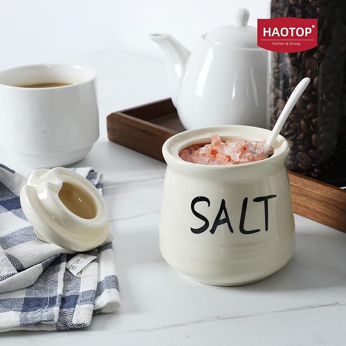 HAOTOP Salt Bowls with Lid and Spoon -12 oz Ceramic Salt Cellar, Salt Containers, Spice Box for Counter, Farmhouse Kitchen Decor, Beige