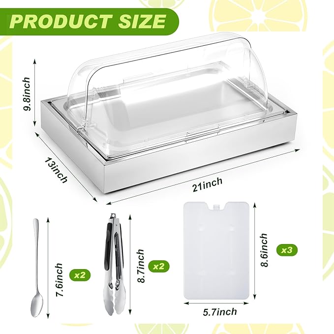 Uiifan Salad Bar Buffet Station for Home, Ice Food Serving Display Tray with Clear Roll Top Cover, Cold Food Buffet Server Trays with Clamps Spoons Ice Box for Restaurant Kitchen Party(Classic)