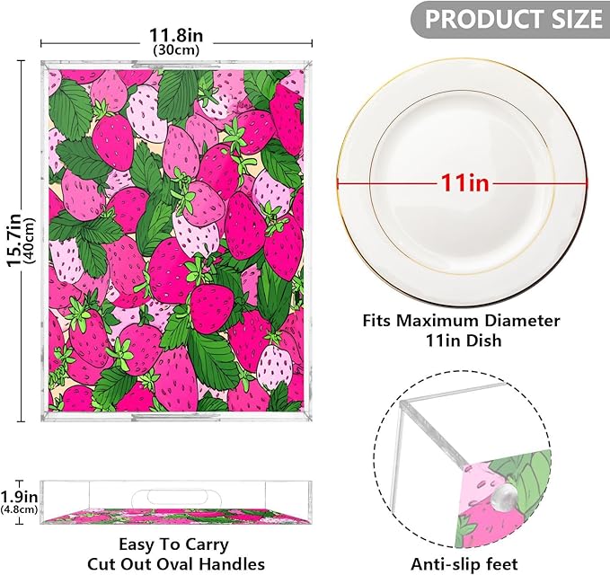 Serving Tray with Handles Clear Acrylic Tray 12x16 Inch Decorative Rectangular Tray Organizer for Ottoman Coffee Table Bathroom Pink Cute Strawberries