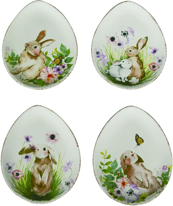 Transpac Spring Floral Bunny Egg White 8.25 x 6.5 Ceramic Tidbit Serving Plate Set of 4