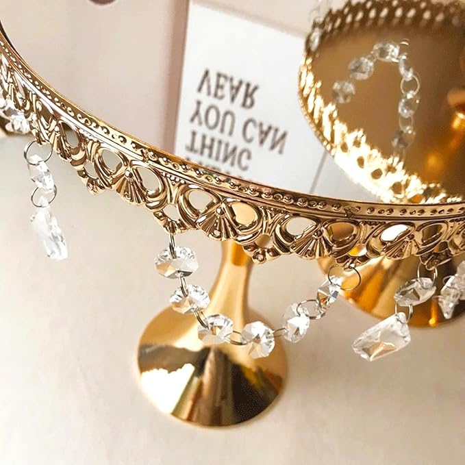 8 Inches 20 cm Gold Round Mirror Cake Stand Cupcake Stands Metal Pedestal Holder with Crystals, Party Dessert Cheese Display Plate for Wedding Party Birthday Baby Shower Celebration Home Decors