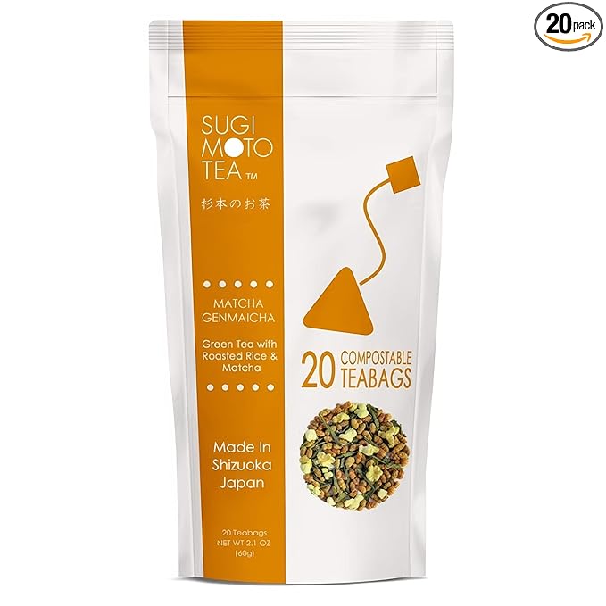SUGIMOTO TEA Japanese Genmaicha with Matcha Green Tea Bags 20 Count
