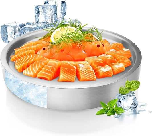 9.4" Stainless Steel Chilled Serving Trays for Parties Containers, Round Silver Ice Tray for Food Buffet Bowls Box Platter Server Cold Ice Vegetable Fruits Snacks Shrimp Cocktail Fridge (Silver)