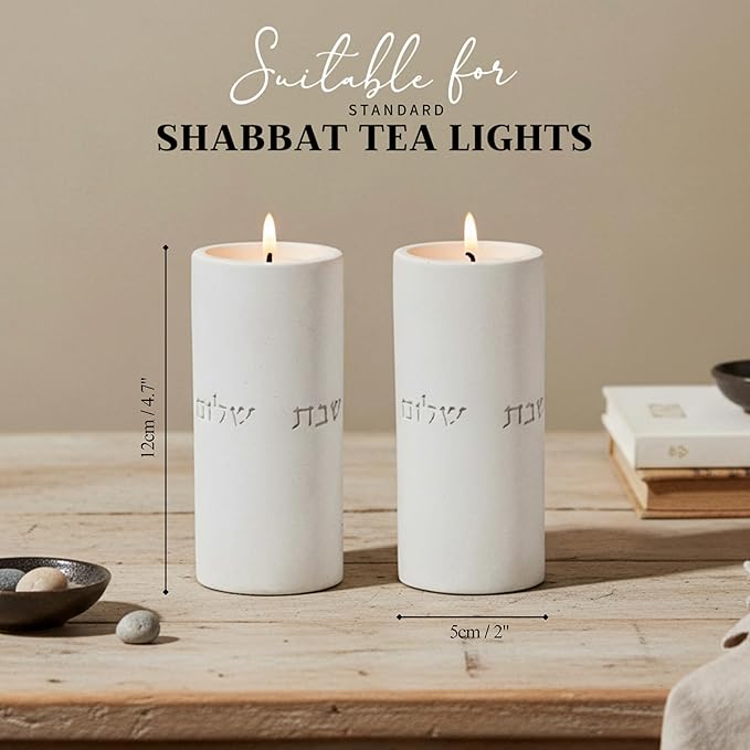 SURI Shabbat Candle Holders Set – Modern Judaica Gift and Jewish Holidays – Concrete Dripless Candle Holders, Short & Tall – Minimalist Jewish Home Decor Shabbos Candles Holders for Tea Lights