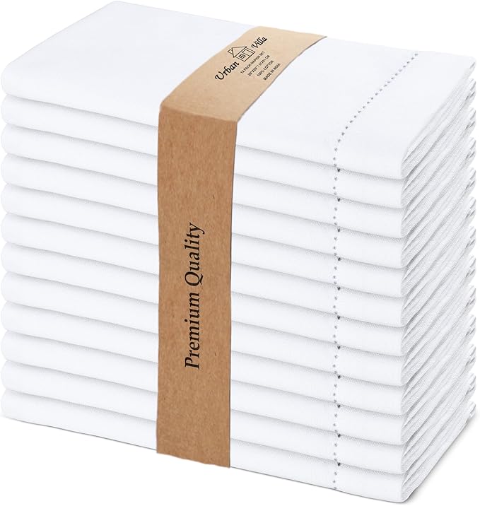 Urban Villa Cloth Napkins White Hemstitch Dinner Napkins Set of 12 (20X20) 100% Cotton Absorbent Washable Durable Reusable Ideal for Hotel Collection Christmas Parties Restaurant Lunch Dinner Napkins