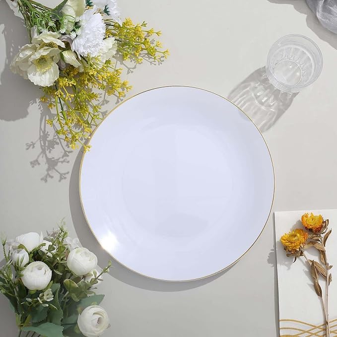 Efavormart 10 Pack | 10" Glossy White Round Plastic Dinner Plates With Gold Rim, Disposable Party Plates