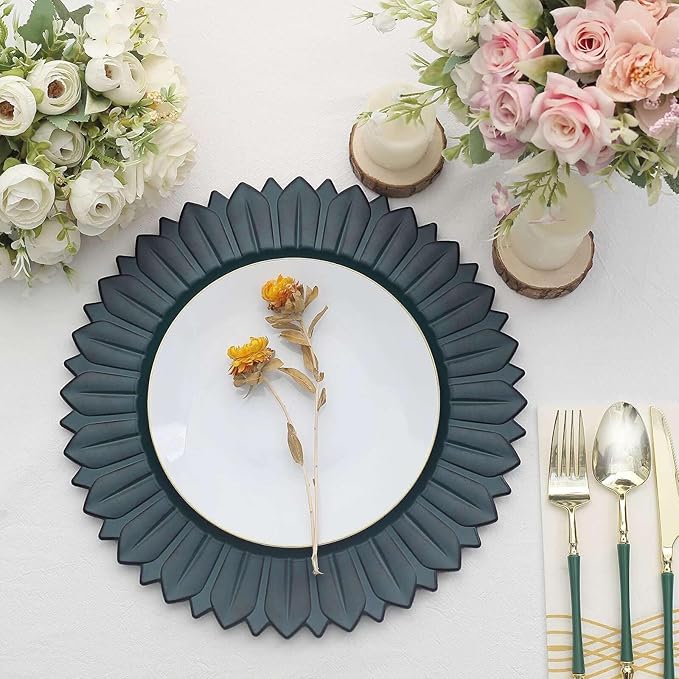 13" Charger Plates - Set of 24 - Matte Teal Sunflower Plastic Chargers, Disposable Round Acrylic Serving Trays For Dinner Wedding Party Events