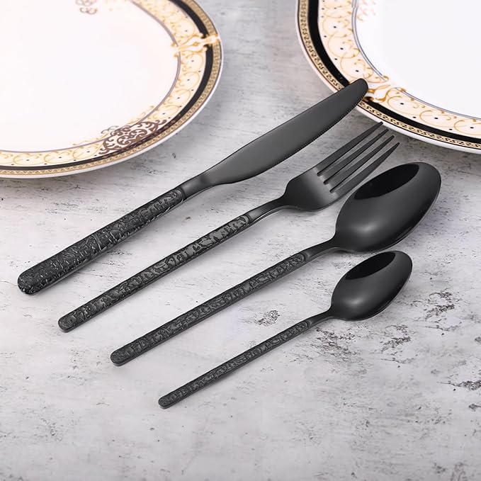 24 Pcs Black Hammered Silverware Set Service for 6,Stone Pattern Vintage Stainless Steel Flatware Set,Cutlery Utensil,Durable Kitchen Eating Tableware Set,Ripple Fork Knife Spoon Set,Dishwasher Safe