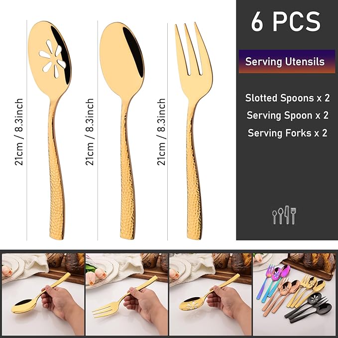 6 PCS Hammered Serving Utensils, Uniturcky Stainless Steel Serving Spoons Set, Square and Thick Hostess Serving Set, Includes 2 Serving Spoon 2 Serving Fork and 2 Slotted Spoon, Mirror Gold
