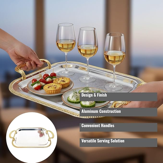 Rectangular Serving Tray in Silver with Gold Trim, Large Metal Serving Tray with Handles for Parties, European Style Tray for Food and Drink Service