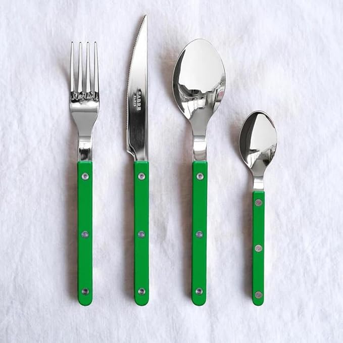 SABRE PARIS - 20-Piece Flatware Set for 4 - Bistrot Collection - Knife, Fork, Soup Spoon, Teaspoon & Dessert Fork - Stainless Steel & Nylon - Dishwasher Safe - Garden Green - Shiny Finish