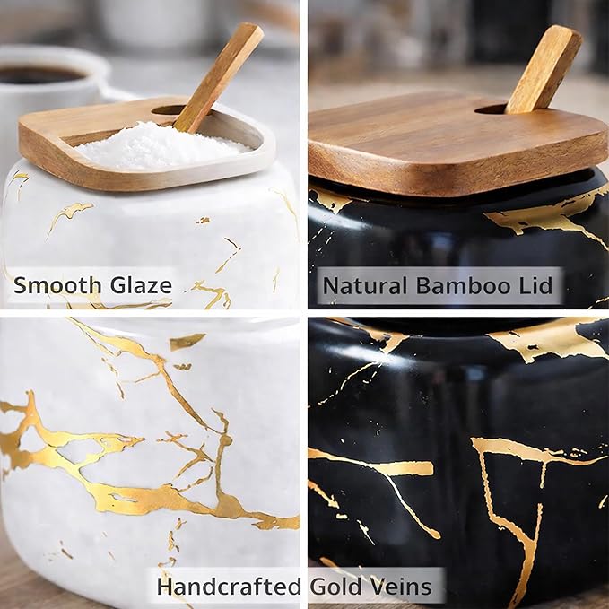 2 Sets of Marble Ceramic Sugar Bowl Ceramic Seasoning Jars with Wooden Lid and Wooden Spoon(Black and White)