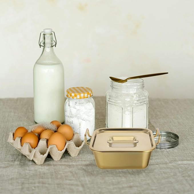 NUOBESTY Stainless Steel Square Snack Basket with Lid and Handles, Food Serving Tray for Fried Chicken, French Fries, Desserts, Party, Buffet, Kitchen (Golden)