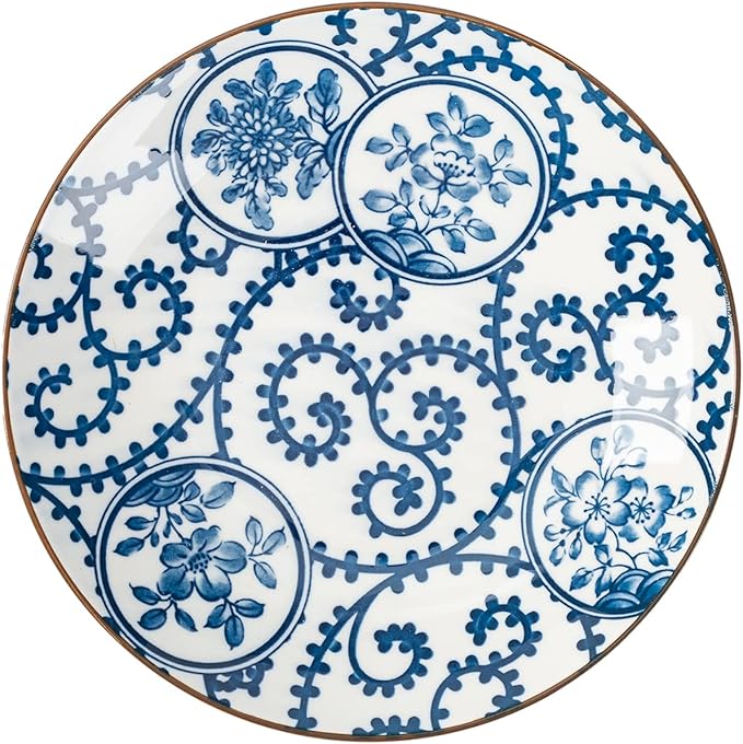 TJ Global Set of 4 Japanese Pottery Ceramic 6.8 Inch Plates for Any Meal and Dish, Japanese Dinnerware and Tableware with Traditional Blue Design