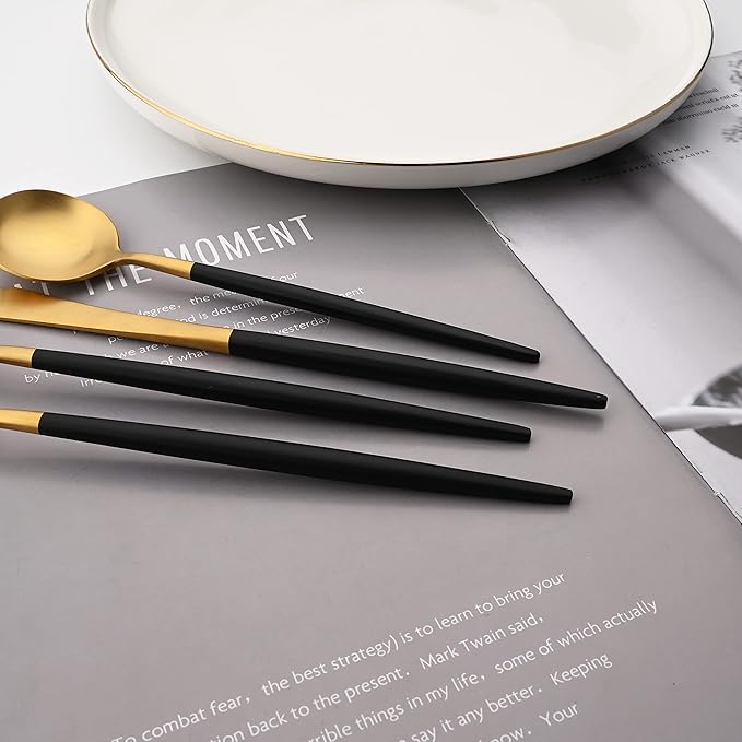 Stainless Steel Mirror Polished Gold Flatware Set, Steak Knife Dinnerware Knife Fork Salad Fork Dessert Spoon 20-piece, Service for 4