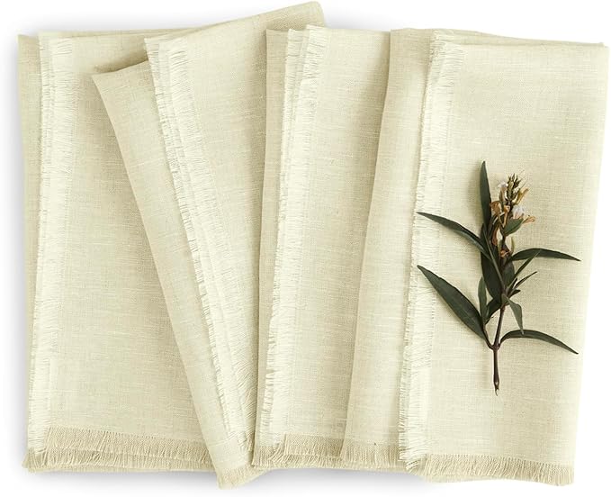 Solino Home Fringe Linen Napkins Set of 4-100% Pure Linen Creamy Ivory Dinner Napkins 20 x 20 Inch for Christmas, Holiday, New Year - Handcrafted and Machine Washable