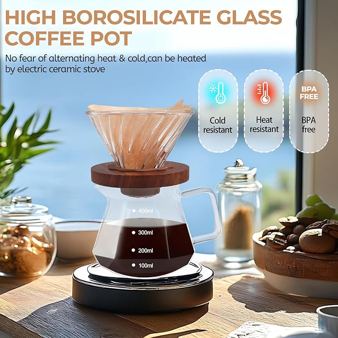Pour Over Coffee Maker 400ml Borosilicate Glass Drip Coffeemaker Server Set with 50pcs V60 Cone Paper Filters Walnut Collar Glass Lid Clear Hand Brew Dripper Carafe for Home Camping Travel 13.5oz